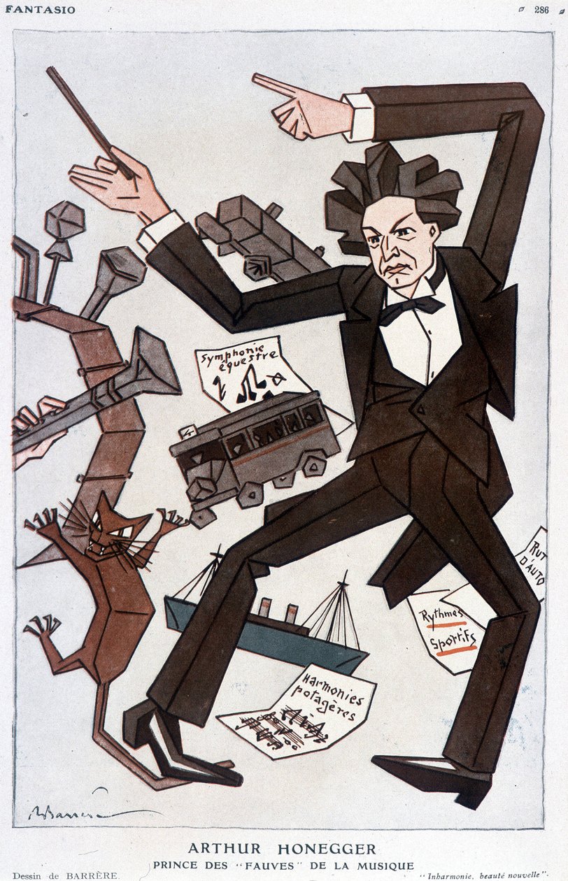 Tegneserie av Arthur Honegger "Prince of the Fauves of Music"", sveitsisk komponist (1892-1955) - av Barrère, i "" Fantasio""" fra 01.01.1930 av Adrien Barrere