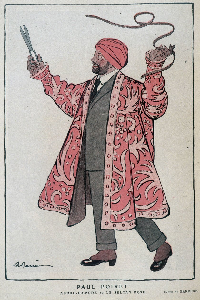 Tegneserie av Paul Poiret, fransk designer og designer (1879-1944) i "Abdul-Hamode or Le Sultan Rose"" - Illustrasjon av Adrien Barrere (1877-1931) I Fantasio, 01.12.1919 av Adrien Barrere