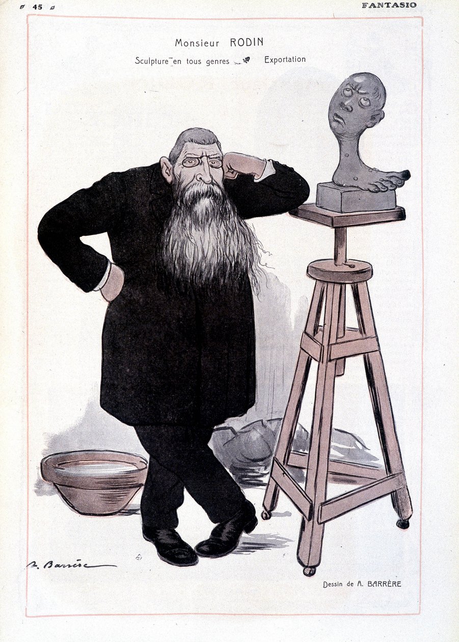 Tegneserie av billedhuggeren Auguste Rodin representert i verkstedet hans i "Fantasio"" av Adrien Barrere