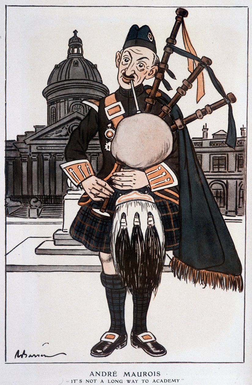 Tegneserie i akademiker av André Maurois (pseudonym for Emile Herzog), fransk romanforfatter, essayist og historiker (1885-1967) - av Barrère, i "" Fantasio""" av 15.04.1929 av Adrien Barrere