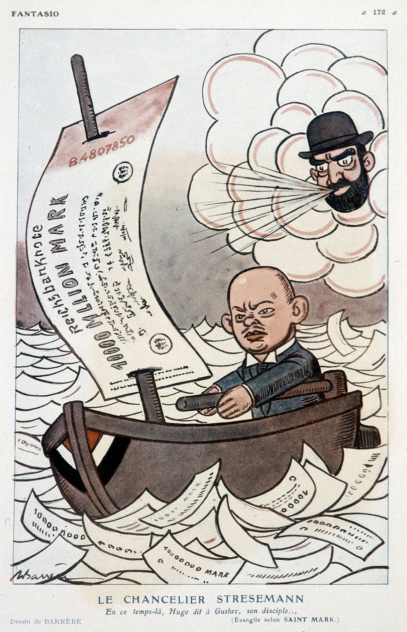 Tegneserie om den tyske kansleren Gustav Stresemann (1878-1929) og devalueringen av merket - Illustrasjon av Adrien Barrere (1877-1931) i "" Fantasio""" av 01.11.1923 av Adrien Barrere