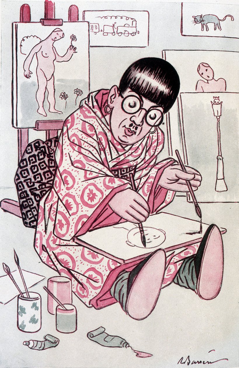 Tegneserie som viser Tsuguharu Fujita, døpt Leonard Foujita, fransk maler av japansk opprinnelse (1886-1968). Tegning av Barrere i Fantasio, 01.04.1927. av Adrien Barrere