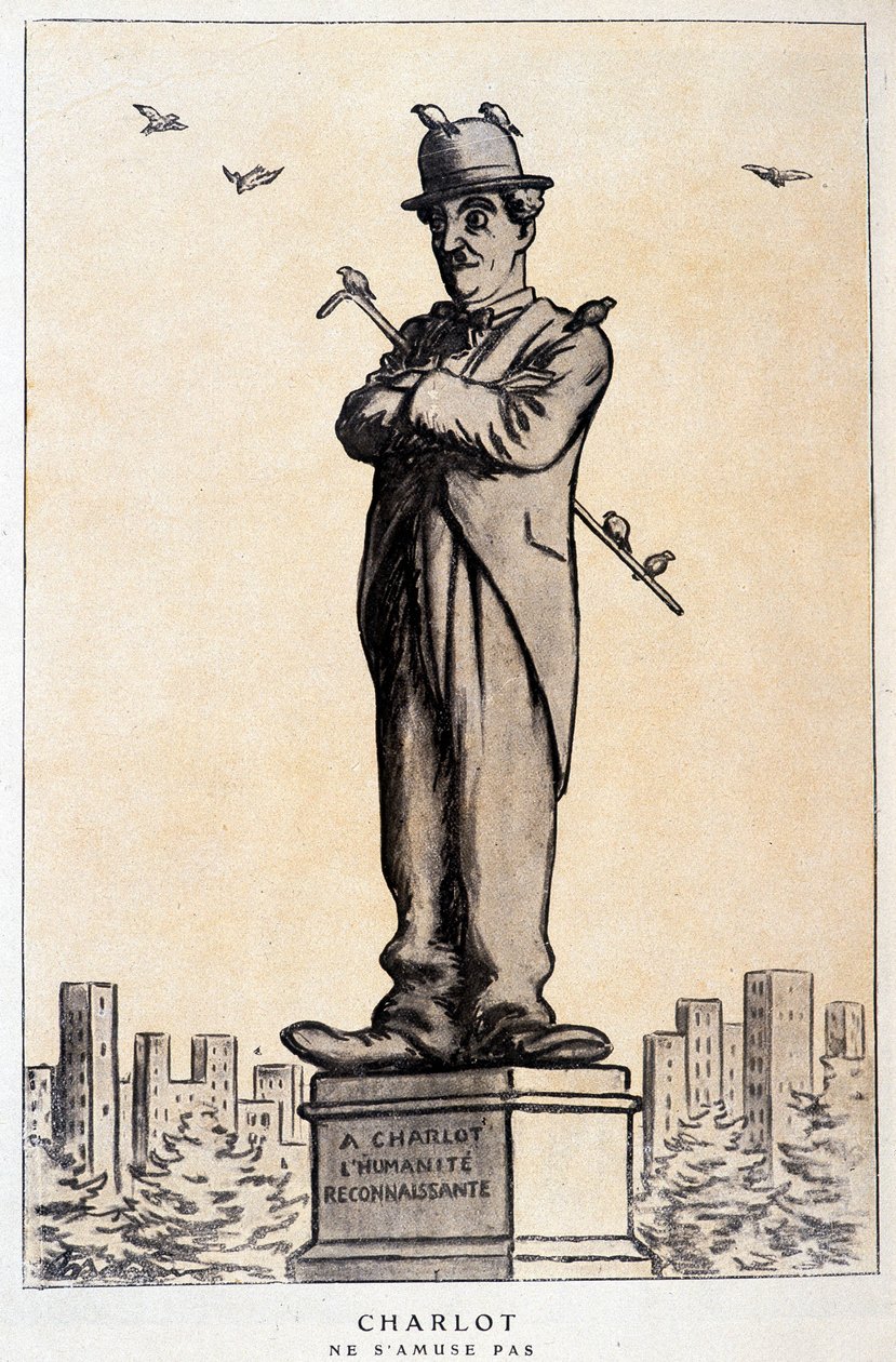 Charlot i statue med skrift på sokkelen: "En Charlot, den takknemlige menneskeheten"" ("Charlot ne s