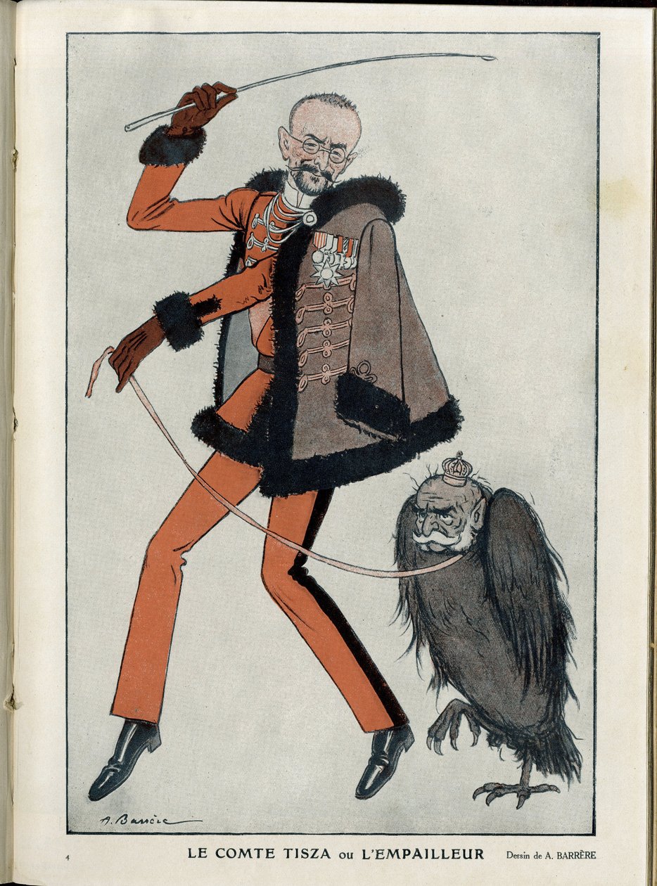 Illustrasjon av A Barrere (1874-1931) i ""Fantasio"", 01/04/15 - Count Tisza or the stuffer - War of 14 -18, Austria, Ungarn - Eagle, Francois-Joseph 1st of Austria, Tisza Istvan - Animalisering av Adrien Barrere