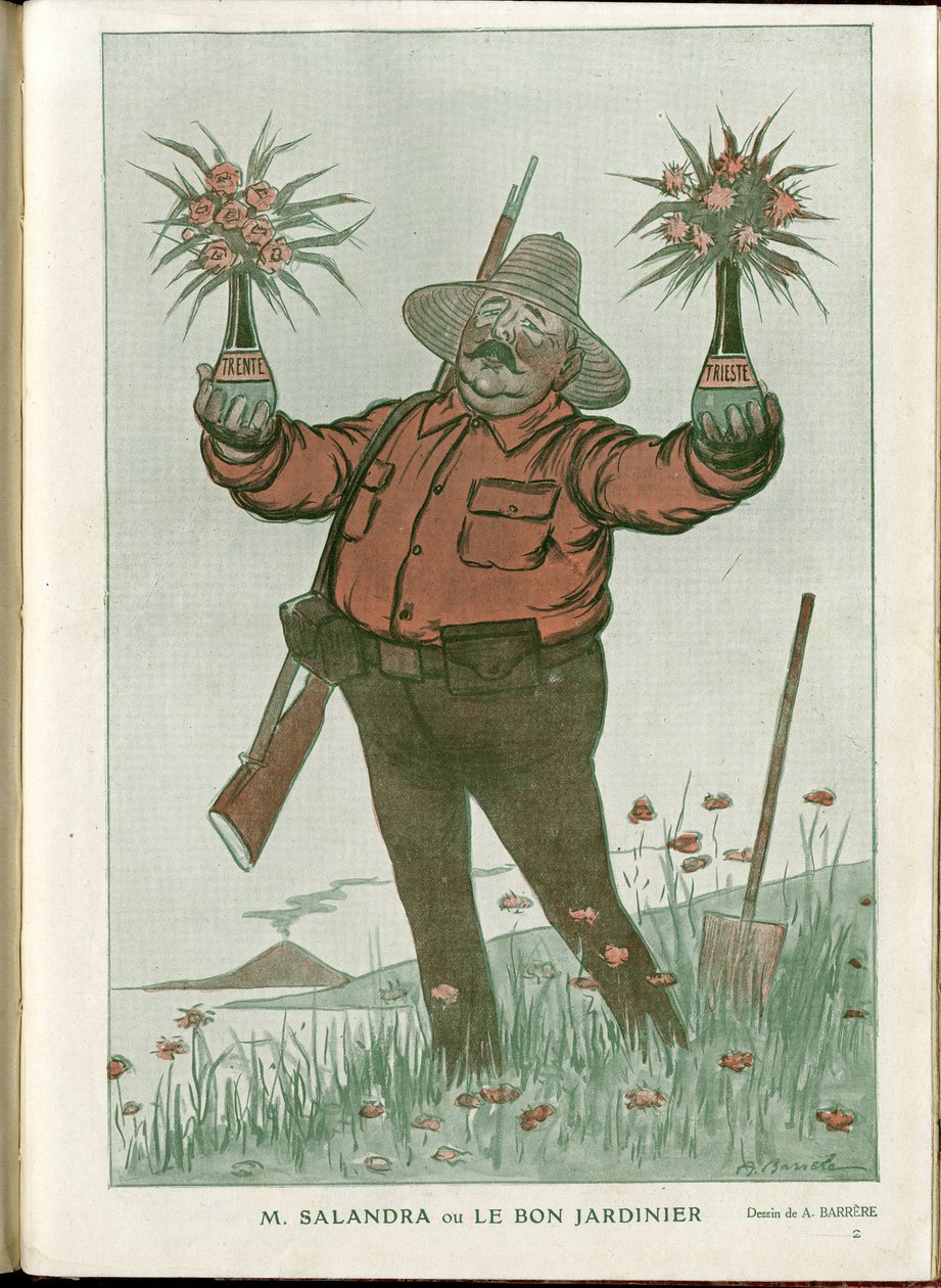 Illustrasjon av A Barrere (1874-1931) i "" Fantasio""", 01/06/15 - Mr. Salandra or the Good Gardener - War of 14 -18, Italia, Vin, Nøytralitet, Blomster, Vulkanutbrudd, Styreleder for rådet, Trieste - Salandra Antonio av Adrien Barrere