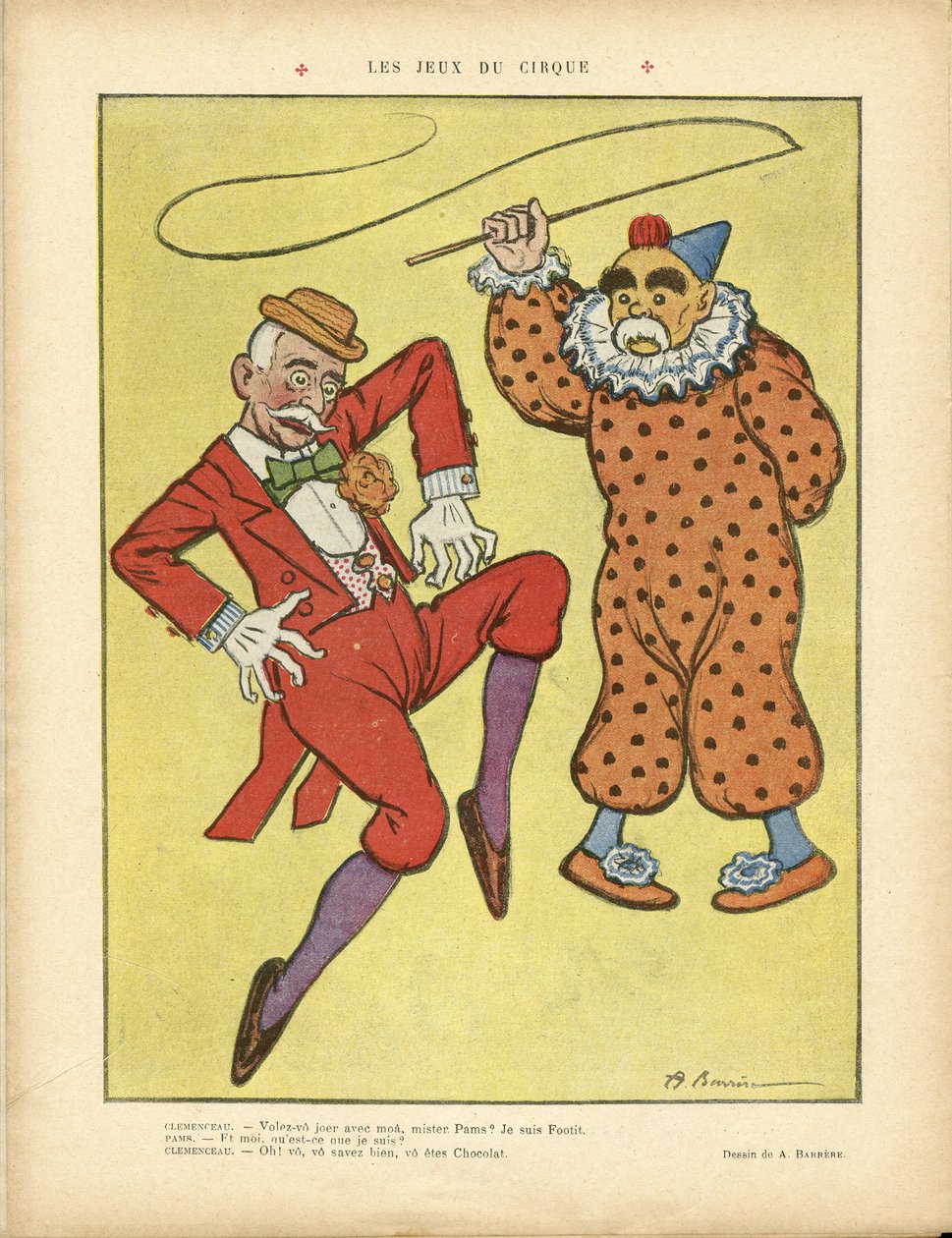 Illustrasjon av A Barrere (1874-1931) i Le Rire, 22/02/13 - Circus Games - Clemenceau George, Pams Jules (1852-1930), Circus, Carnival/Game/Circus av Adrien Barrere