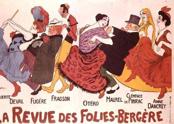 La Revue des Folies-Bergere (farge litho) av Adrien Barrere