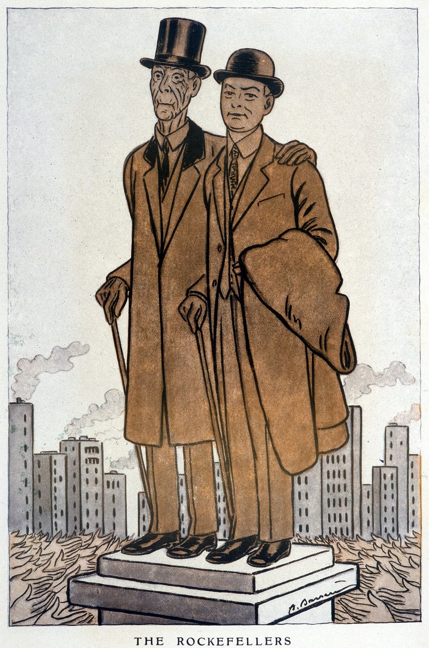 Les Rockefellers, senior og junior, amerikansk cresus - Illustrasjon av Adrien Barrere (1877-1931) i "" Fantasio"" fra 01/03/1930 av Adrien Barrere