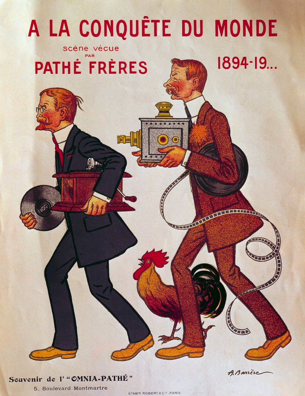 Plakat om Pathe-brødrene: “A la conquete du monde”” Charles Pathe og broren Emile iført fonografer og projektorer. Illustrasjon av Adrien Barrere (1877-1931) Paris fra 1900-tallet, Arsenals bibliotek av Adrien Barrere