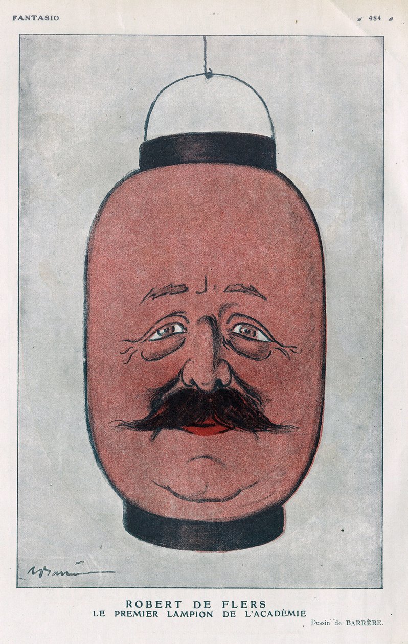 Robert Pelleve de La Motte-Ango (Motte Ango), Marquis de Flers, fransk dramatiker (1872-1927). (Akademiets første lykt). Tegneserie av Barrere i "" Fantasio"" fra juni 1921. av Adrien Barrere