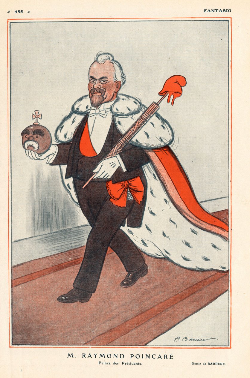 Den franske republikkens president Raymond Poinsare (1860-1934) Presidentenes prins (karikatur i kongen), han har symboler for republikken (hvorav en stråle av lictoren overvinner med en frygisk hette) - i "" Fantasio""" av 01/02/1913 - Illustrasjon av av Adrien Barrere