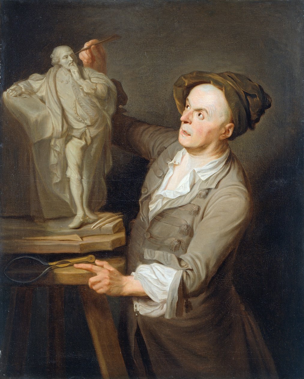 Louis-Francois Roubiliac (1695-1762) modellerer monumentet hans til Shakespeare (olje på lerret) av Adrien Carpentiers