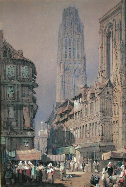 Marked ved foten av Tour de Beurre, Rouen (wc på papir) av Adrien Dauzats