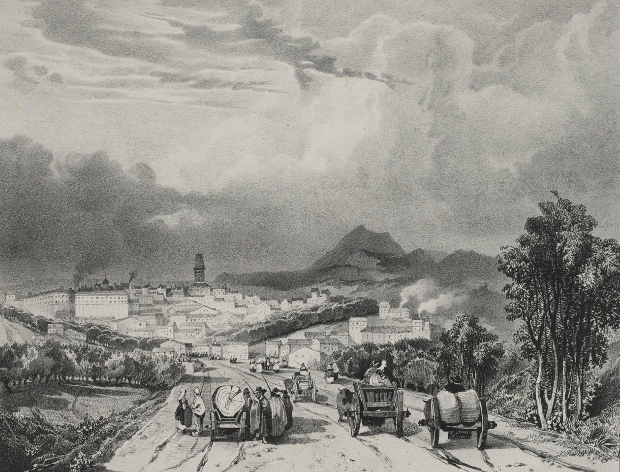 Generell utsikt over Riom, Auvergne, 1829. av Adrien Dauzats