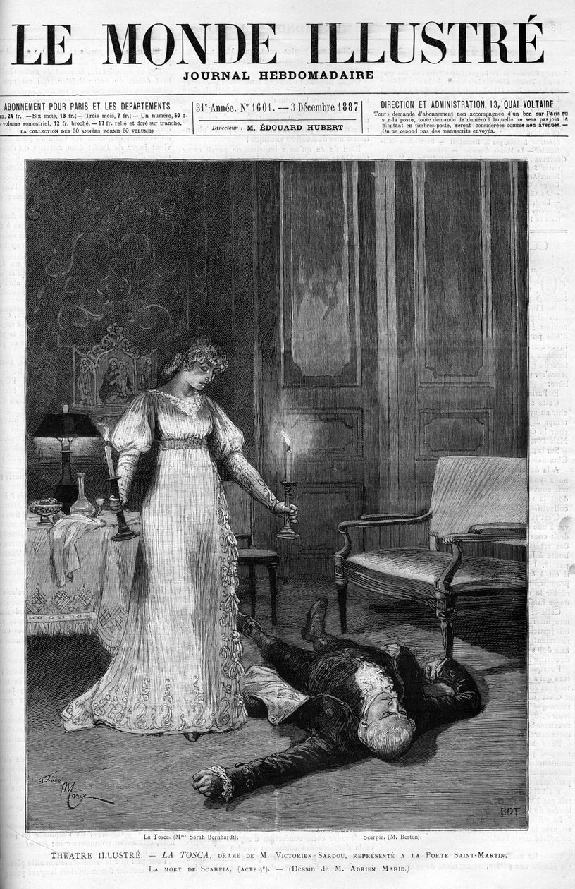 The Death of Scarpia (Monsier Berton), illustrasjon av akt 4 av 'Tosca' med Sarah Bernhardt som La Tosca, cover av 'Le monde Illustre' av Adrien Emmanuel (after) Marie