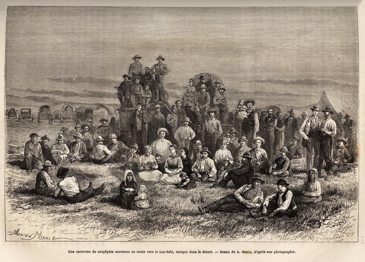 En karavane av mormonske neofytter på vei til Lake Sale, i sin leir i ørkenen, gravert etter A.Maries tegning, som illustrerer reisen fra Washington til San Francisco i 1868, av L. Simonin, publisert i "" Le tour du monde" ”” 1874, redigert av Edouard av Adrien Emmanuel Marie