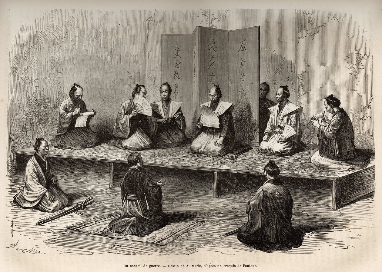 Et krigsråd i Edo (dagens Tokyo), som samler offiserene fra taicounen (leder av den tidsmessige makten) for å møte et opprør fra daimios (eller daimyos: japansk adel) rett før meiji-restaureringen (1868), gravering etter A.Marie
