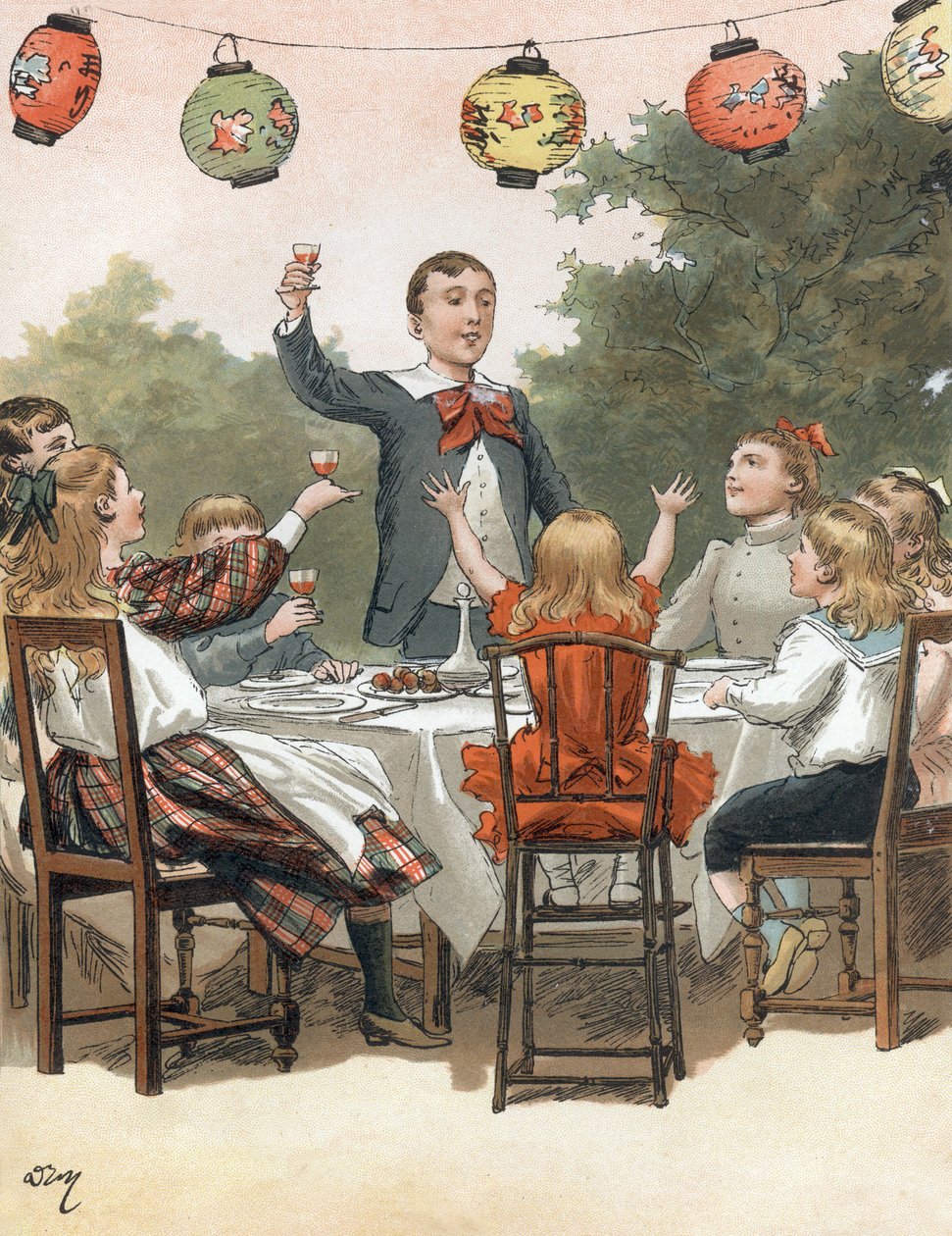 En ung gutt holder en tale, barn som klirrer i glass, illustrasjon av Adrien Marie i boken Tout a la joie av Zari, Emile Guerin publikasjon 1890 av Adrien Emmanuel Marie