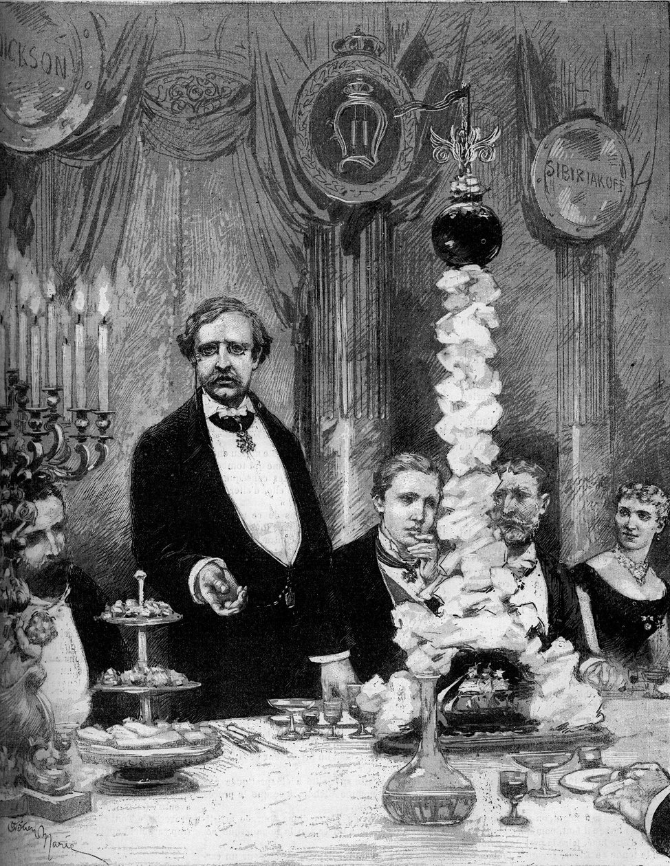 Banquet given by the Scandinavian colony of Paris in honor of the explorer Nils Adolf Erik (Eric) Baron Nordenskjold (Nordenskiold) (1832-1901) at the Hotel Continental. Presents are: Count Kapnitz, Professor Nordenskjold, Prince Oscar of Sweden (1859-1953 av Adrien Emmanuel Marie