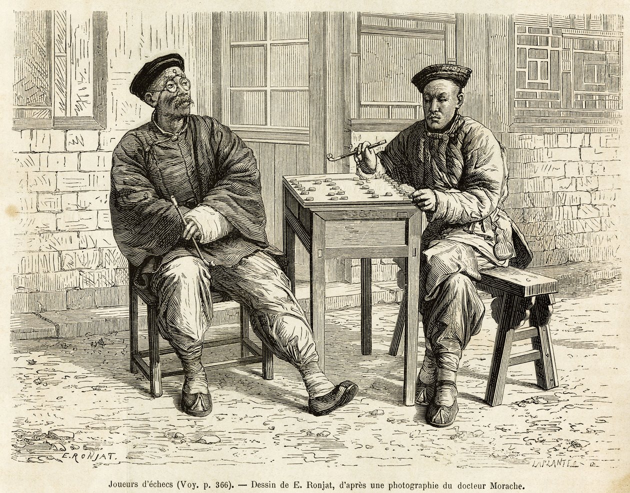 Sjakkspillere. Gravering etter A.Maries tegning, for å illustrere reisen til Pekin og Nord-Kina, av T.Choutze, i 1873, publisert i “” Le tour du monde””” 1876, redigert av Edouard Charton, utgave Hachette, Paris. Selva samling. av Adrien Emmanuel Marie