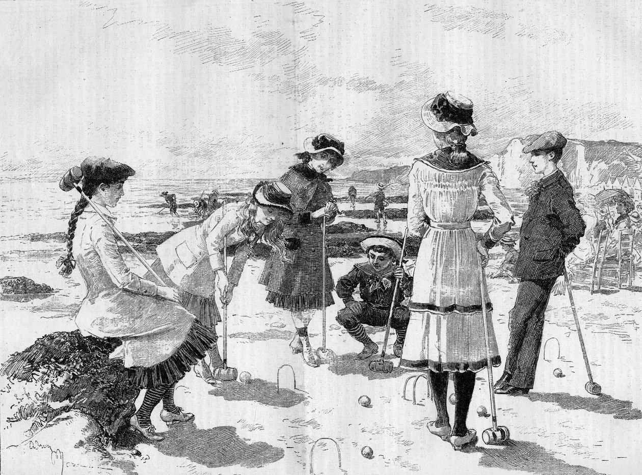 Barn som leker krokket på stranden. Gravering av Adrien Marie i "" Le Monde Illustré"" nr. 1277 av 17. september 1881. av Adrien Emmanuel Marie