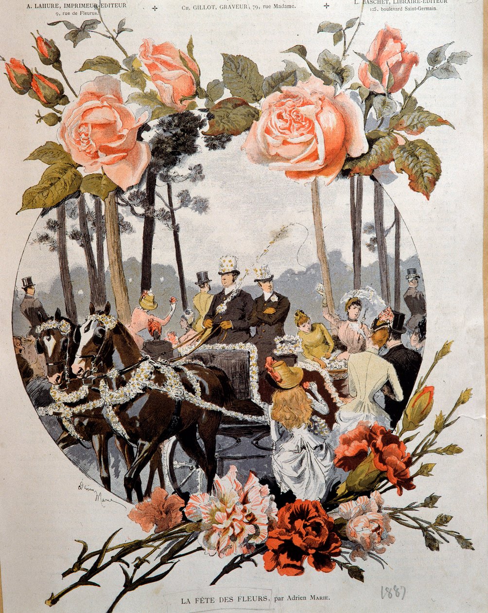 Blomsterfestivalen tegning av Adrien Marie (1848-1891) Paris fra 1800-tallet, dekorativ kunst av Adrien Emmanuel Marie