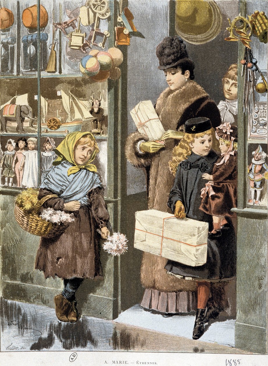 Stakkars jente som selger små buketter ved utgangen av en lekebutikk der rike mennesker kommer ut (shopper til jul?) - tegning av Adrien Marie av Adrien Emmanuel Marie