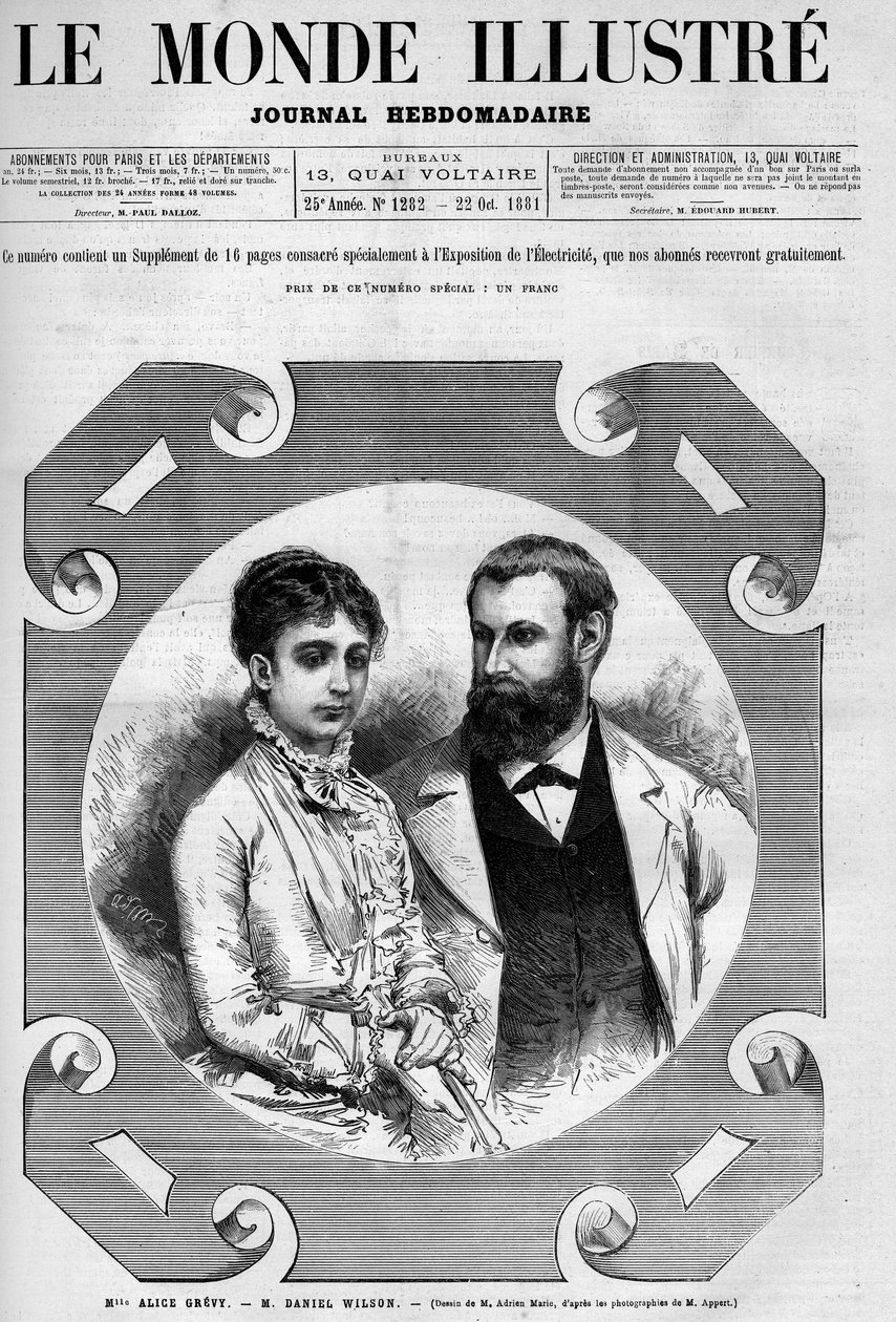 Portrett av Daniel Wilson (1840-1919), fransk politiker med sin kone, Alice Grevy. Gravering av Adrien Marie. En av «The Illustrious World» nr. 1282 av 22. oktober av Adrien Emmanuel Marie