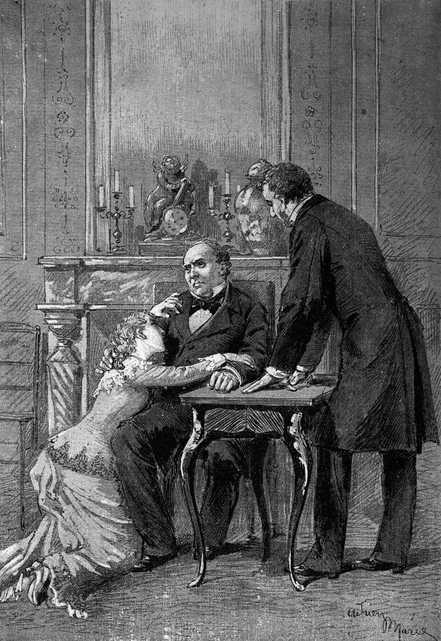 Teaterforestilling: 1. akt av ""Jean Baudry"" av Auguste Vacquerie (1819-1895) med frøken Bertet (Andree), Mr. Barre (Bruel), Edmond Got (1822-1901) (Jean Beaudry). Paris, Comedie Francaise av Adrien Emmanuel Marie