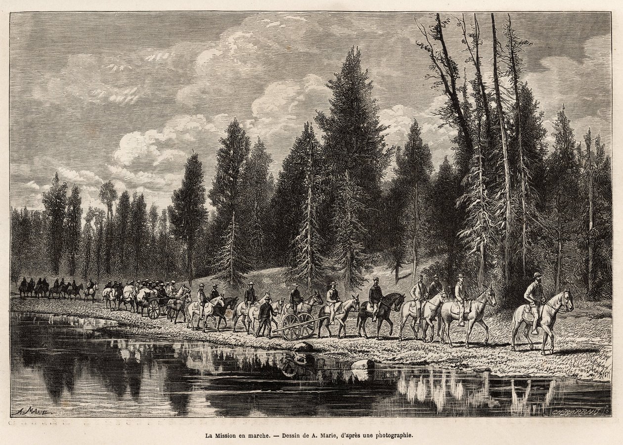 Hele det geografiske oppdraget, på vei til Mount Hayden, langs Henri-elven, gravert etter A.Maries tegning, som illustrerer et sett med geografiske oppdrag gjennom USAs nasjonalpark, fra 1870 til 1872, av herrene Hayden, Doane og Langford, pu av Adrien Emmanuel Marie