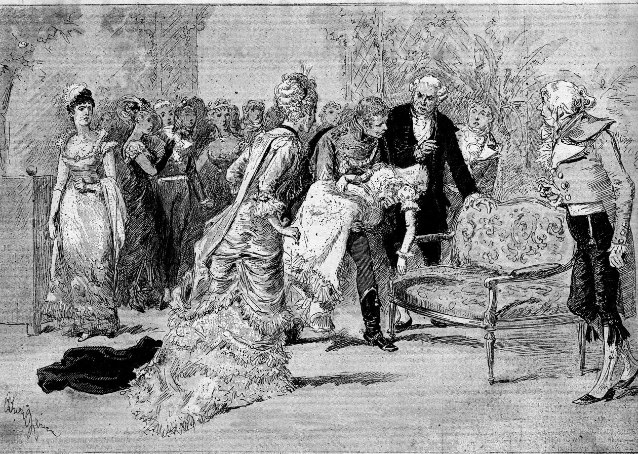 Teaterrepresentasjon: "" Le beau Solignac"" av Jules Claretie (1840-1913) og William Busnach (1832-1907) med Edouard Angelo (Solignac) og Melle Cassothy (Louise de Farges). Paris, Chatelet teater av Adrien Emmanuel Marie