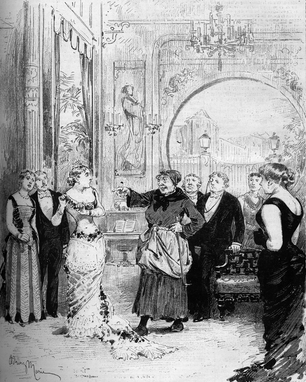Teaterfremstilling: "" Nana"" av William Busnach (1832-1907) etter Emile Zola (1840-1902) med Louise Massin (1847-1901) (Nana) og Melle Honorine (Pomare). Paris, Theatre de l'Ambigu av Adrien Emmanuel Marie