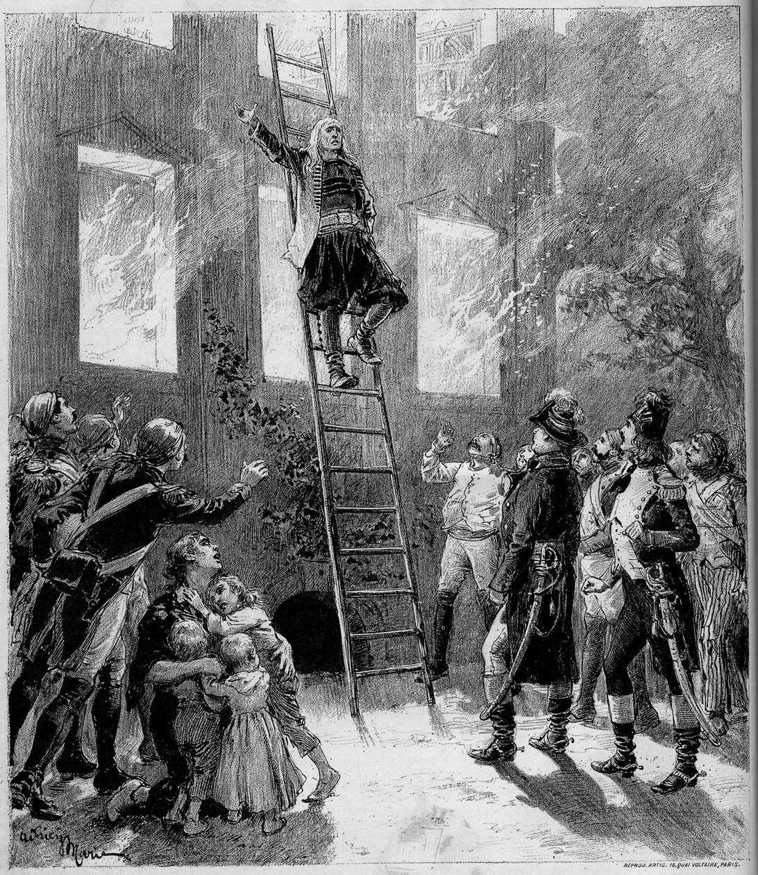 Teaterrepresentasjon: "" Nitti-tre"" ("Nitti-tre") av Paul Meurice (1818-1905) av Victor Hugo (1802-1885). The Fire of the Tourgue (10. maleri): Marquis de Lantenac, etter å ha reddet livene til barna til Flecharde, gir seg selv t. av Adrien Emmanuel Marie