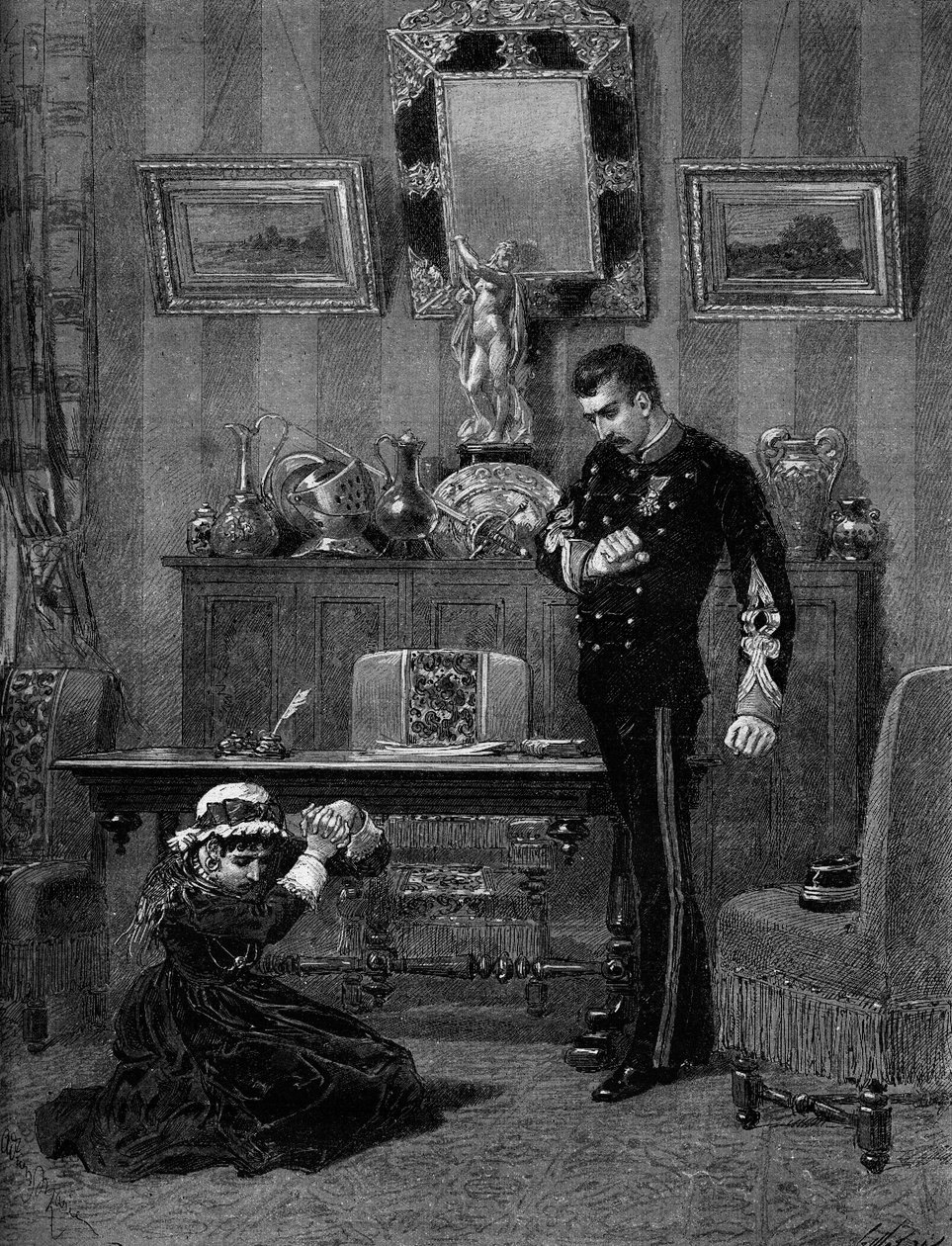 Teaterrepresentasjon: «The son of Coralie»» av Albert Delpit (1849-1893) med Aimee Jeanne Tessandier (1851-1923) (Coralie) og Lucien Guitry (1860-1925) (Daniel). Paris, Gymnasiumteater av Adrien Emmanuel Marie