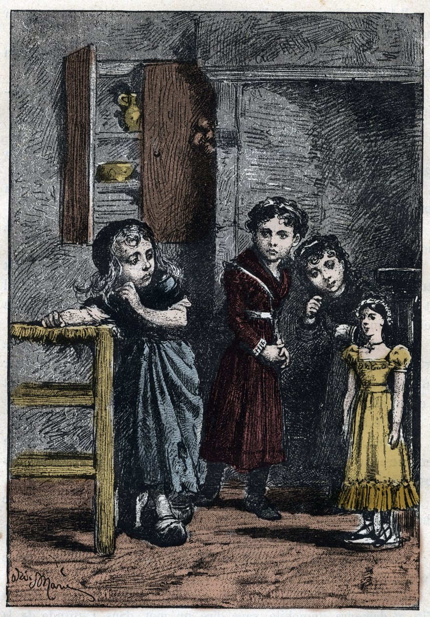 Thenardiers to døtre, Eponine og Azelma, ser på Cosette som mottok dukken Catherine - Illustrasjon av Adrien Marie (1848-1891) for "The miserables - Second part: Cosette" av Victor Hugo (1802-1885) 1862 av Adrien Emmanuel Marie