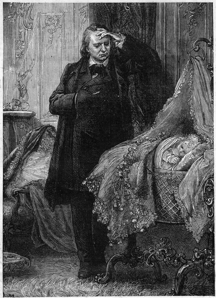 Victor Hugo observerer et barn som sover i sengen sin. Illustrasjon av "History of a Crime" av Victor Hugo (1802-1885). Illustrasjon av M. A. Marie av Adrien Emmanuel Marie