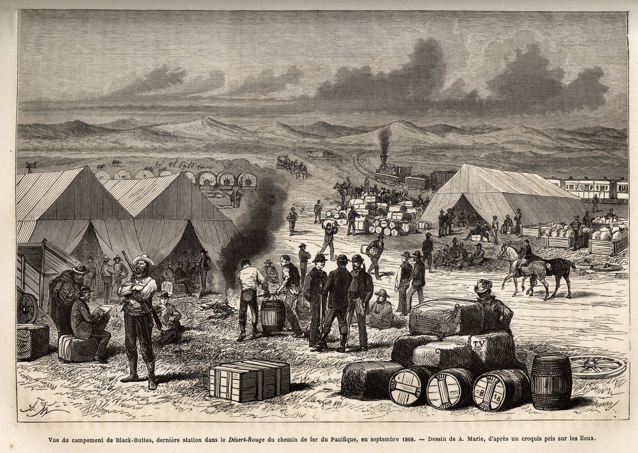 Utsikt over Black Buttes-leiren, siste stasjon i den røde ørkenen (Mojave-ørkenen) av Pacific Railway, i september 1868, gravering etter tegningen av A.Marie, som illustrerer reisen fra Washington til San Francisco, i 1868, av L. Simonin, utgitt i av Adrien Emmanuel Marie