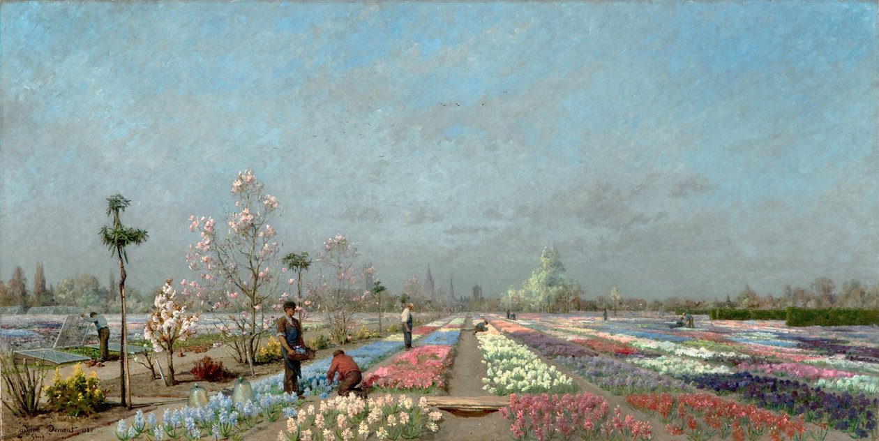 Hyacinth Fields in Bloom ved Van Houtte Nursery, Gent med utsikt over Saint Nicholas' Church, klokketårnet og Saint Bavo Cathedral Beyond av Adrien Louis Demont