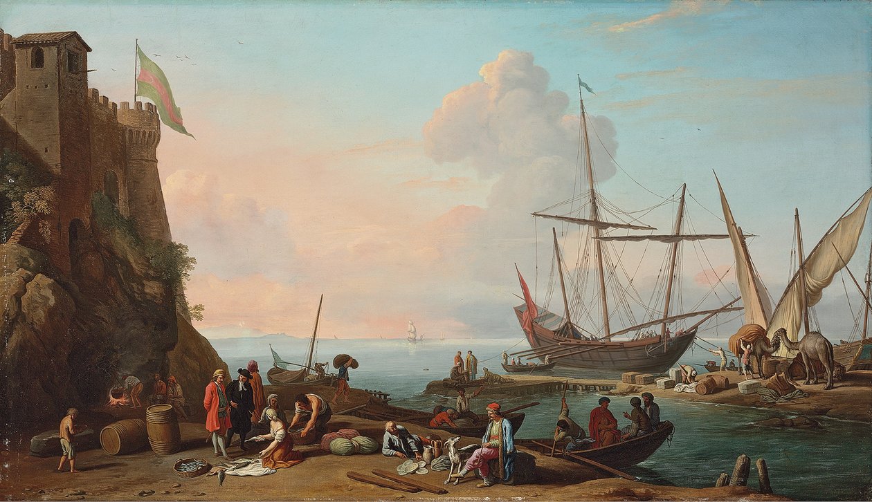 En middelhavshavn med stuvere som losser skipene sine, figurer som selger fisk i forgrunnen ved en festning av Adrien Manglard