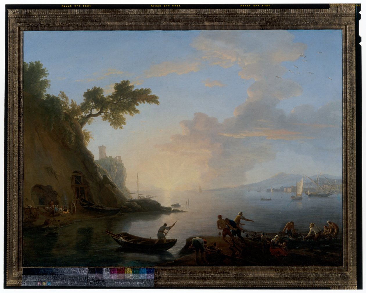 Napolitansk kyst med fiskere ved soloppgang av Adrien Manglard