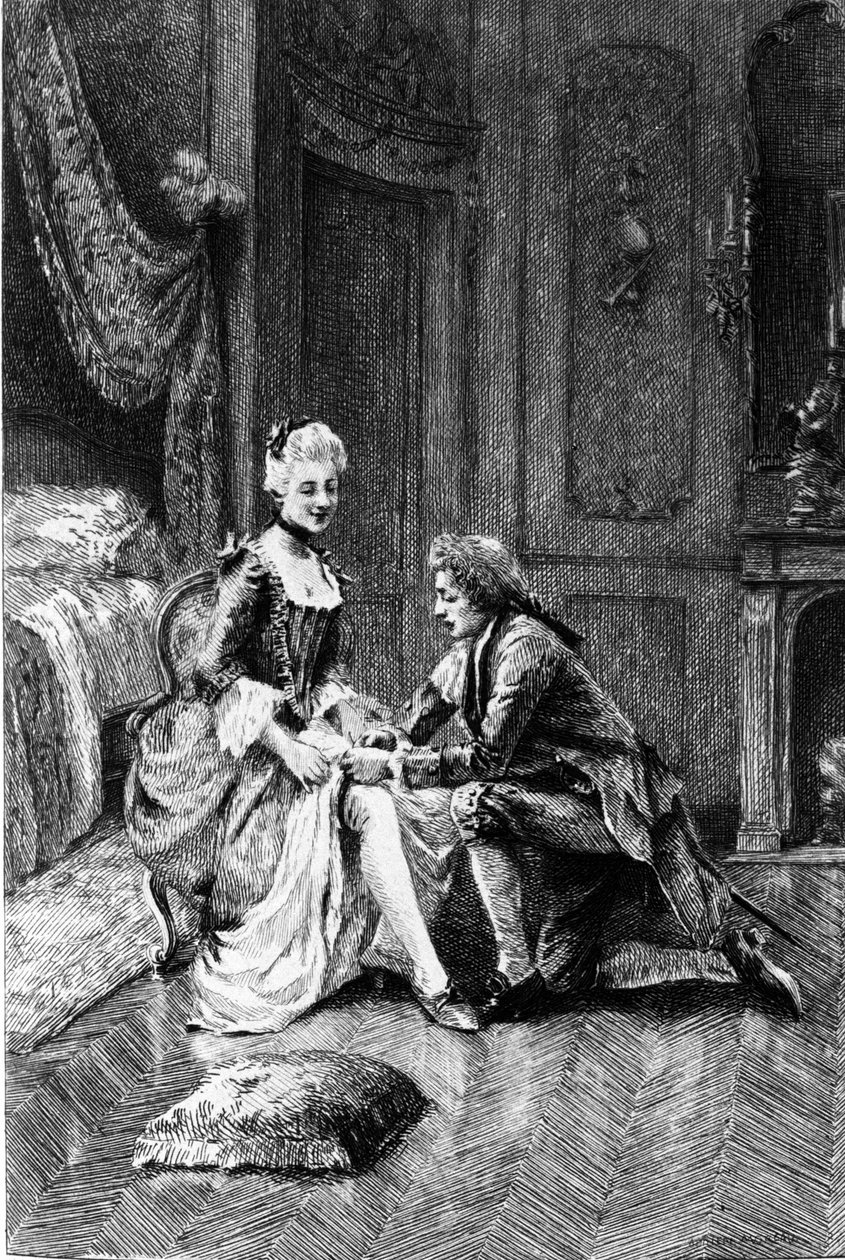 Gravering av Adrien Moreau (1843-1906) som illustrerer "" Candide"" av Francois Marie Arouet dit Voltaire (1694-1778). av Adrien Moreau
