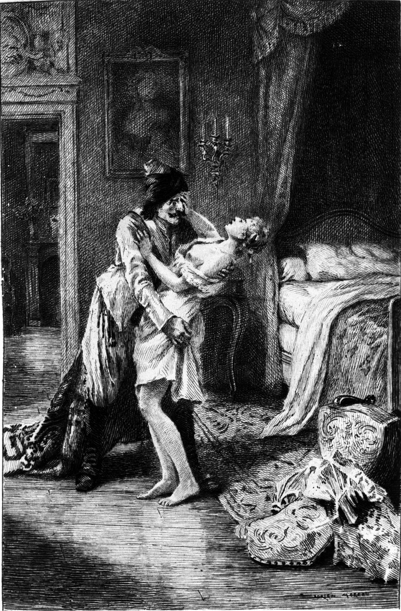 Gravering av Adrien Moreau (1843-1906) som illustrerer "" Candide"" av Francois Marie Arouet dit Voltaire (1694-1778). av Adrien Moreau