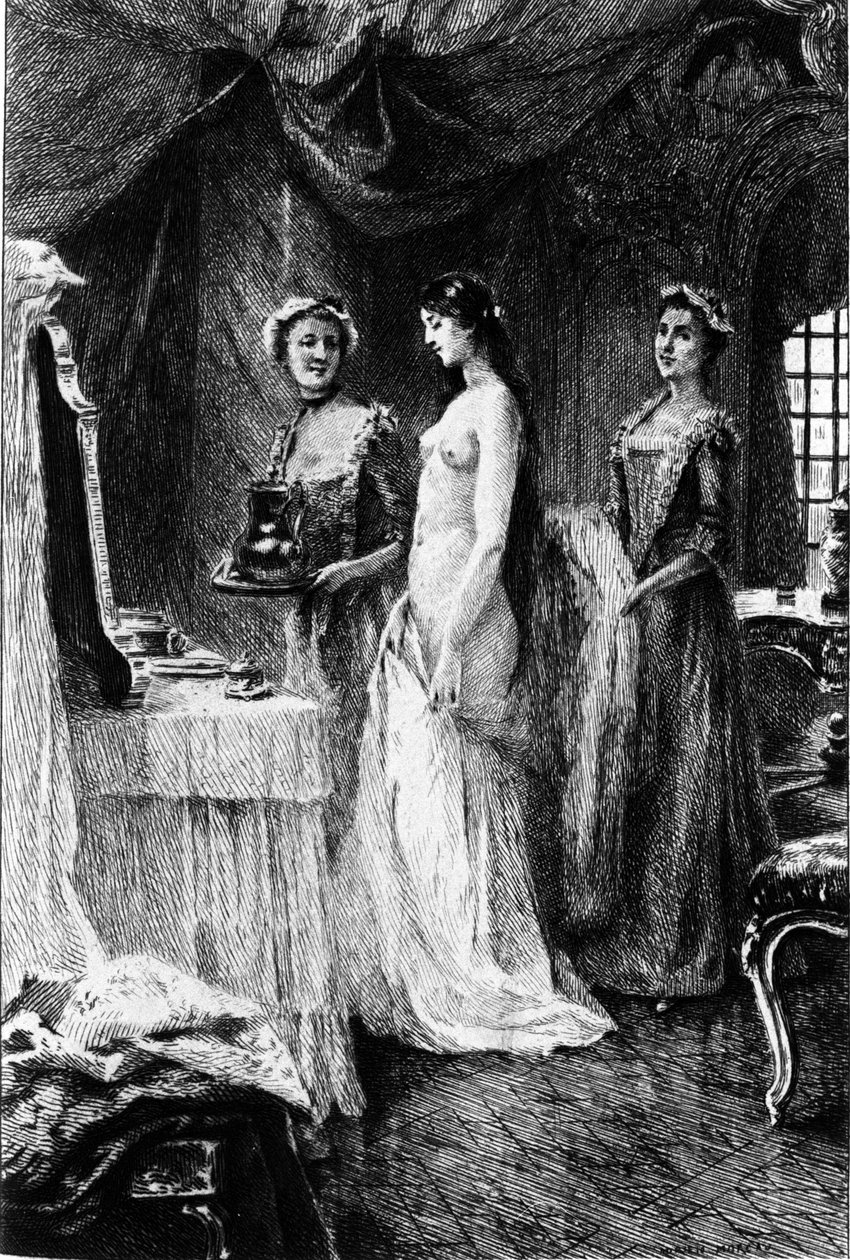 Gravering av Adrien Moreau (1843-1906) som illustrerer "" Candide"" av Francois Marie Arouet dit Voltaire (1694-1778). av Adrien Moreau
