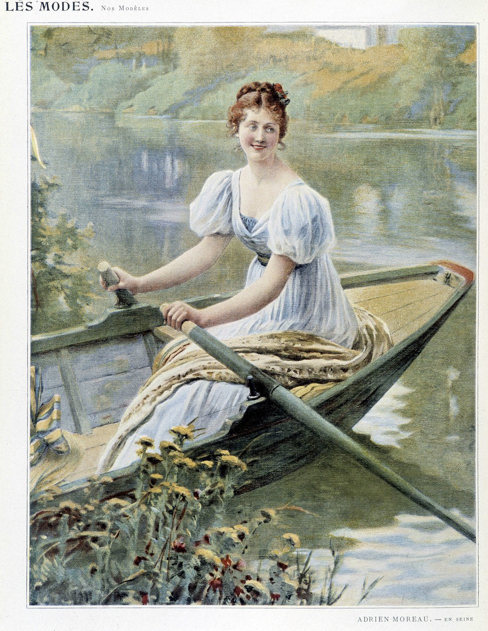 Kvinne lager en båt på Seinen - syk. av Adrien Moreau, ca. 1900 av Adrien Moreau