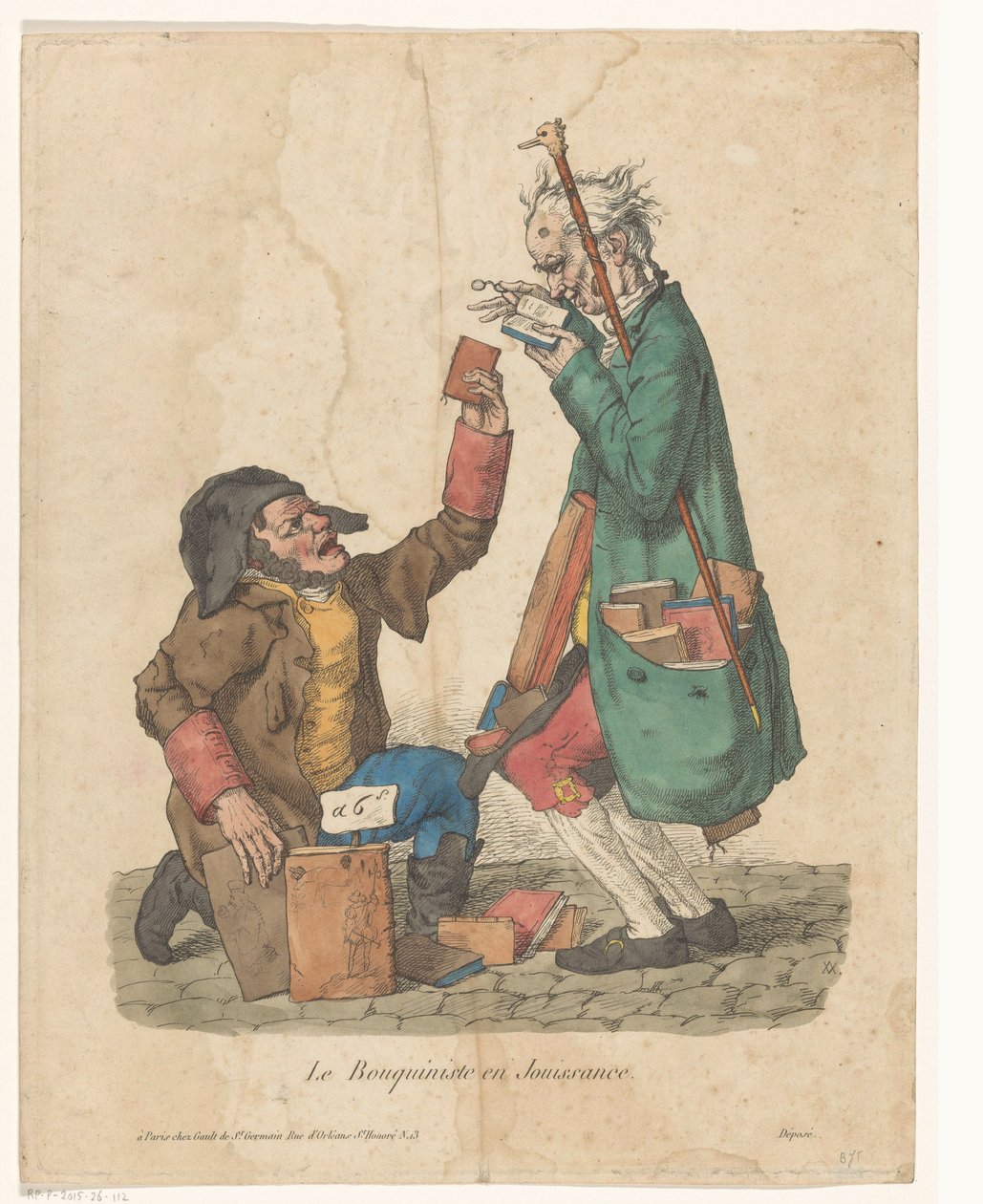 Bokhandler med en kunde på gaten Le Bouquiniste en Jouissance (tittel på objekt) av Adrien Victor Auger