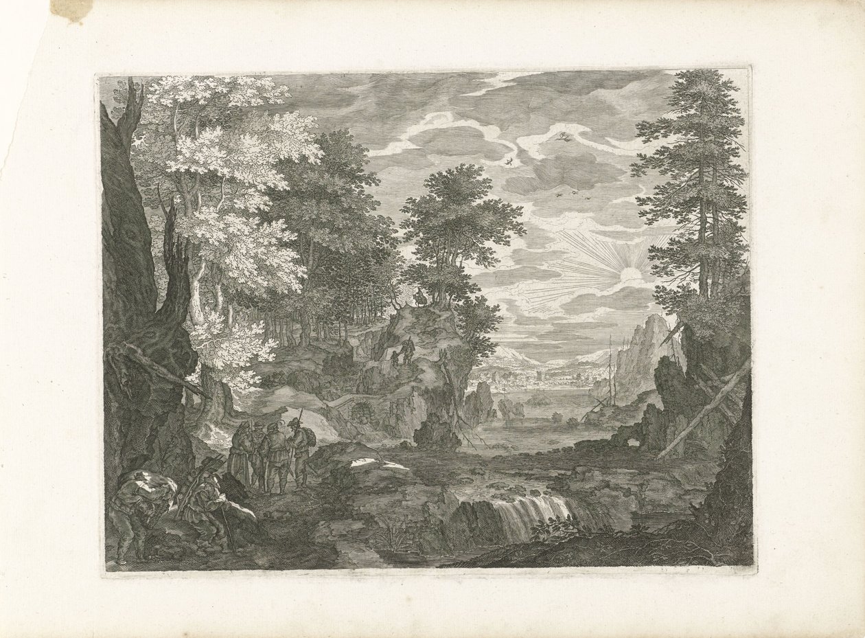 Foss med en by i bakgrunnen Fire landskap i Böhmen (serietittel) av Aegidius Sadeler (II) (attributed to)