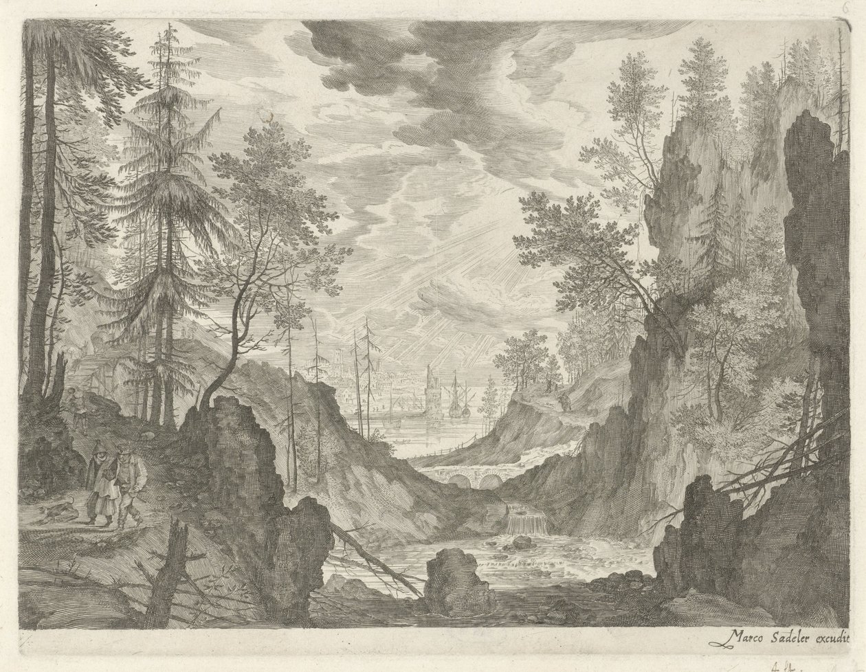 Skoglandskap med foss Fjelllandskap fra Tyrol (serietittel) av Egidius  Sadeler (II)