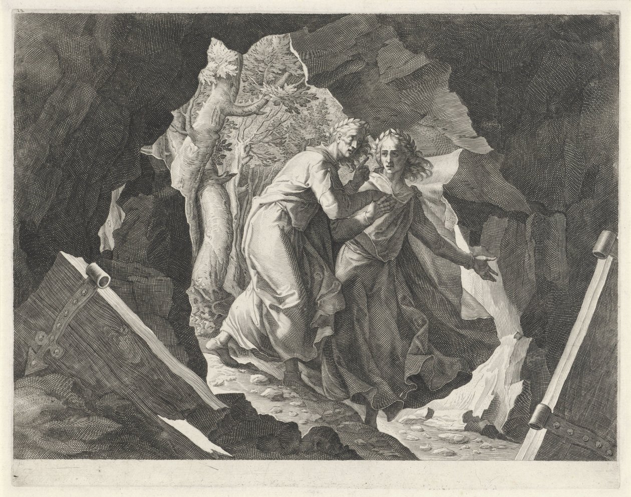 Dante og Virgil går inn i helvete gjennom en port av Egidius  Sadeler (II)
