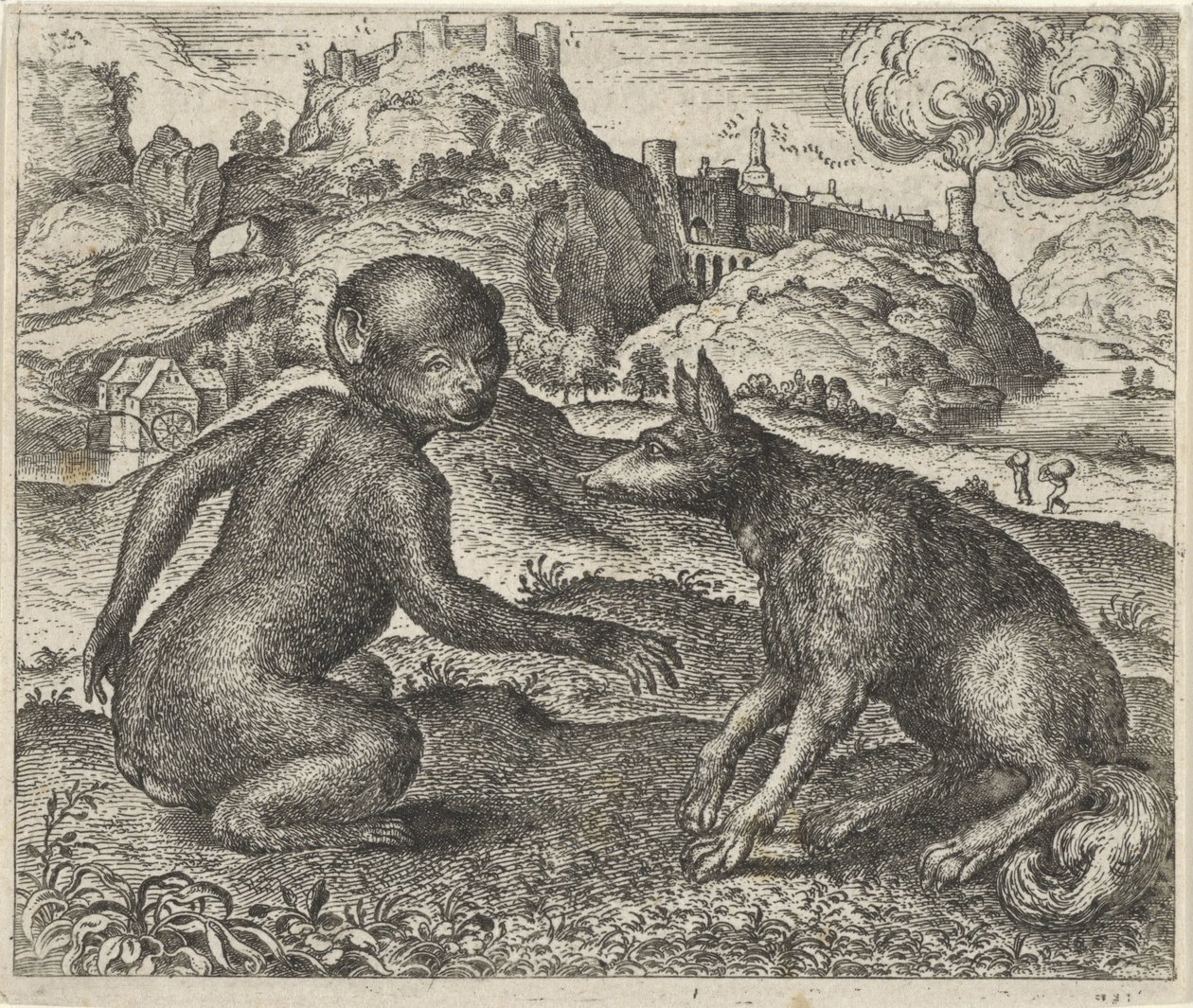Fabel om apen og reven av Egidius  Sadeler (II)