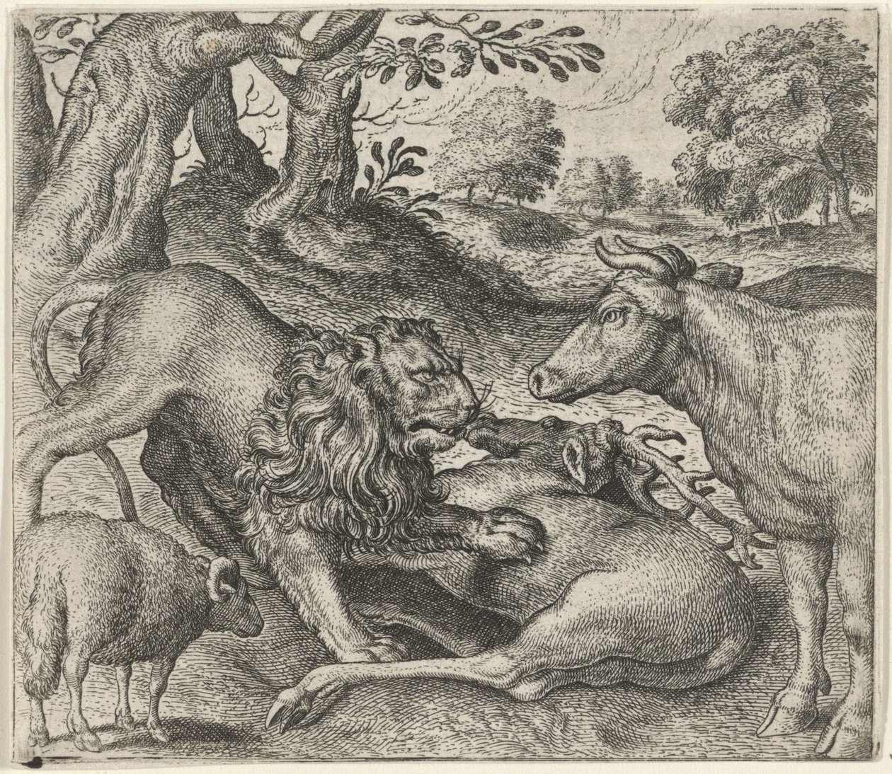 Fabel om løven, kua og sauen på jakt av Egidius  Sadeler (II)